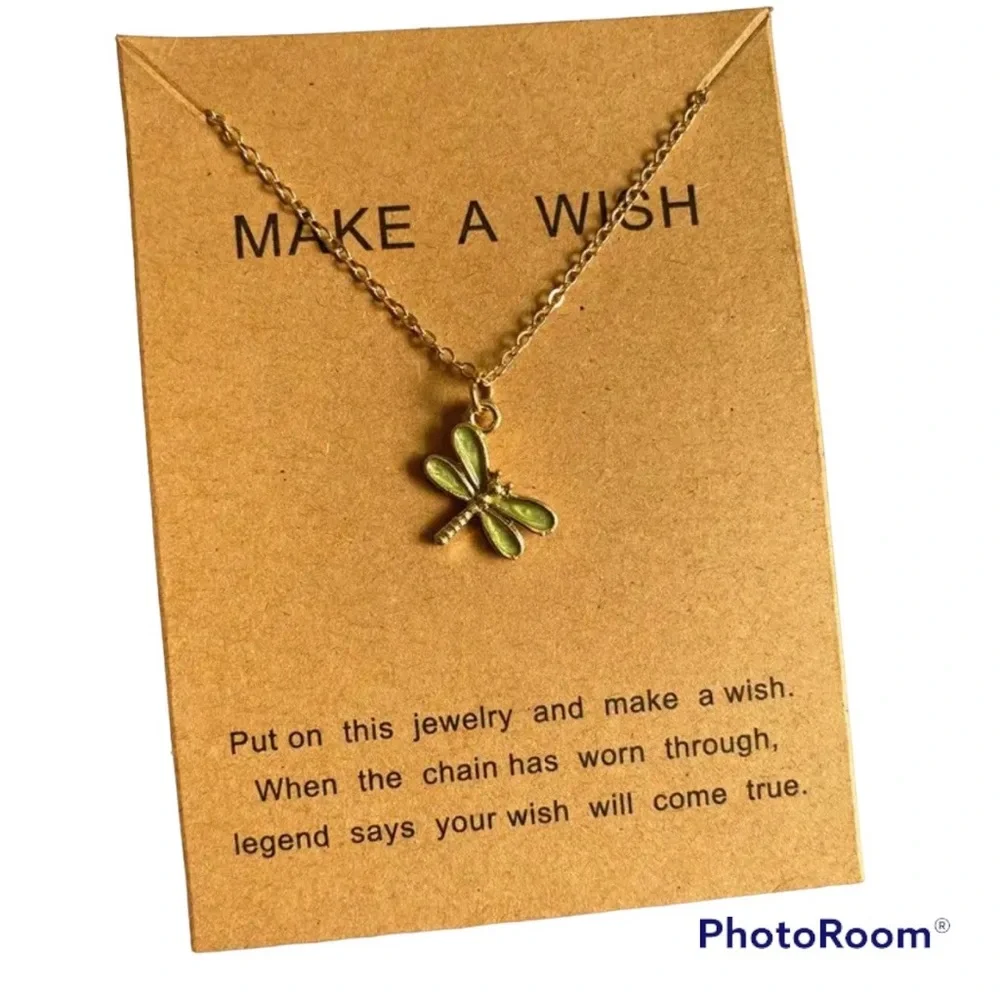 Green Dragonfly necklace w card Make a Wish Jewelry